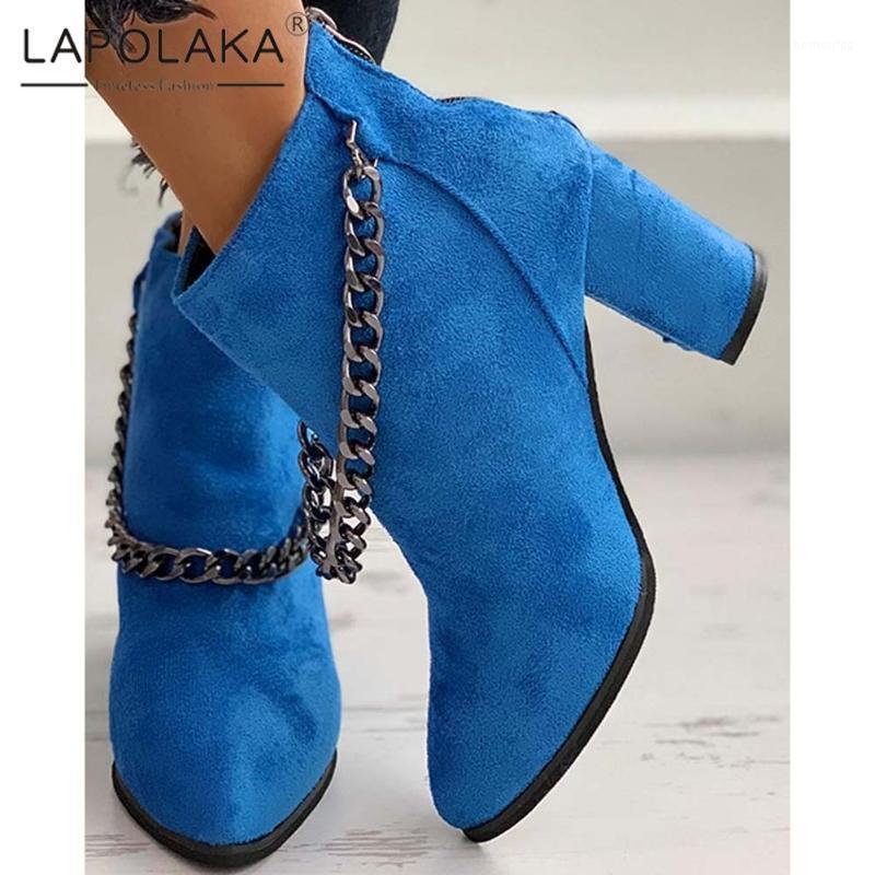 

Lapolaka 2021 Hot Sale Thick High Heels Concise Shoes Woman Boots Female Chain Zipper Big Size 43 Office Ladies Shoes Boot1, Blue