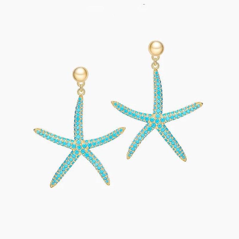 

SLJELY New S925 Sterling Silver Aqua Blue Starfish Earrings Micro Inlay Zircon CZ for Women Summer Seaside Fashion Jewelry