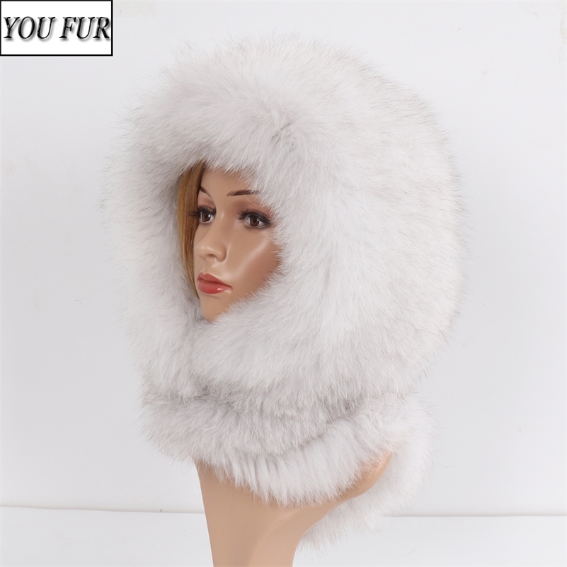 

New Arrival Lady Real Fox Fur Hat&Scarf Winter Warm Fluffy Natural Fox Fur Hats&Scarves Women Knitted Genuine Fur Hooded Muffle 201215, Black