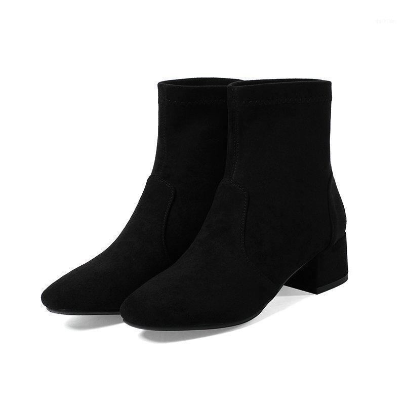 

2021 New Flock Round Toe Leisure Ankle Boots Fashion Square High Heel Concise Autumn Winter Women Shoes Size 34-431, Beige