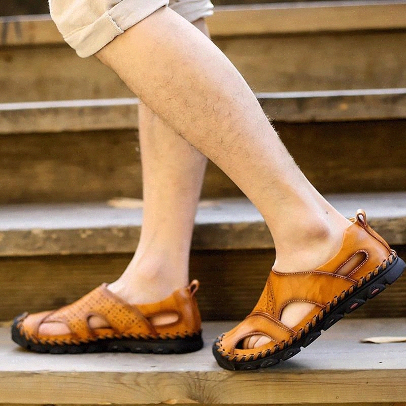 

Genuine Leather Men Sandals 2019 Summer Men Shoes Slip on Summer Male Shoes Flat Cow Leather Man Beach Sandals A1110 #2x7n, Black