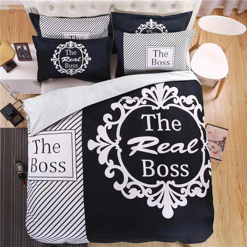 

iDouillet 3D Initial "The Real BOSS" Bedding Set for Couple Duvet Cover Sheet Pillowcase Queen King Size Black White Bedlinen1, Her his side white