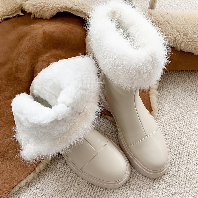 

Salu Women Wool Genuine Leather Ankle Boots Female Big Size Snow Boots Dancing Casual Shoes Woman Newest Med Heel Platform, Beige