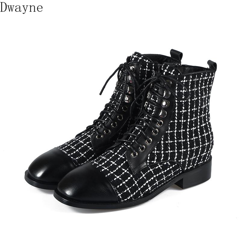 

2020 autumn and winter new leather plaid lace ties and ankle boots short boots female British wind, Black