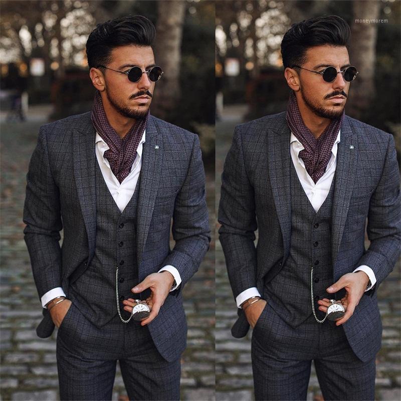 

2020 British Gentleman Mens Suits 3 Piece (Coat+Vest+Pants) Peaked Lapel Plaid Leisure Business Single-breasted Suit Hot Sale1, Purple