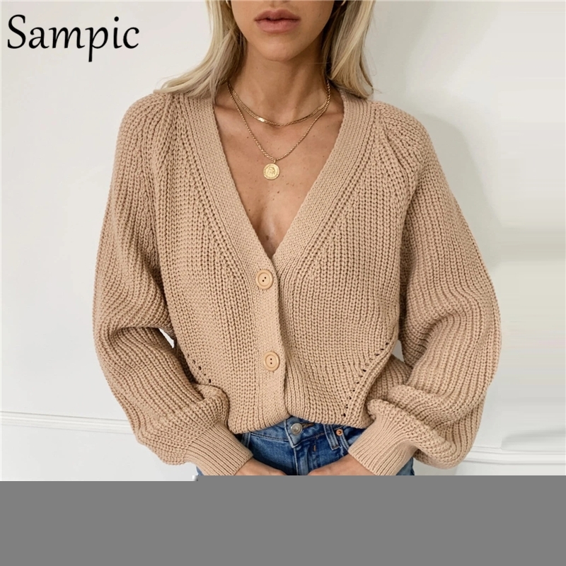 

Sampic Vintage Cardigan Casual Women Khaki White Long Sleeve Knitted Sweater Tops Harajuku V Neck Sweater Oversize Autumn Y200720