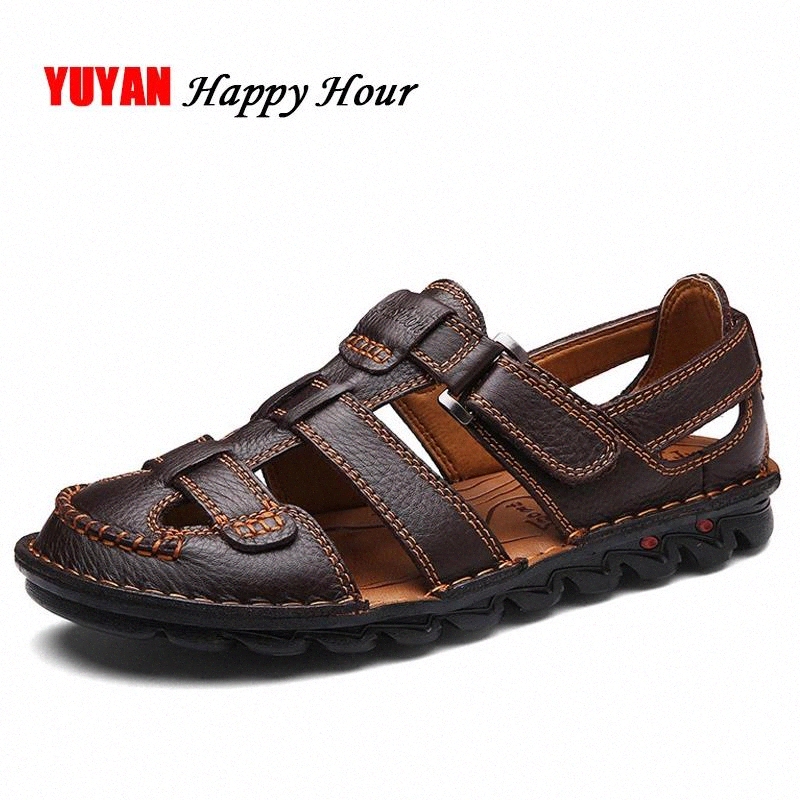 

2019 Summer Cowhide Shoes Men Genuine Leather Sandals High Quality Flat Beach Sandals Men's Brand Footwear ZHK198 #Kn6v, Black