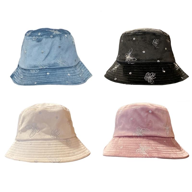 

Korean Women Winter Warm Velvet Bucket Hat Shiny Butterfly Embroidered Wide Brim Sunscreen Foldable Panama Fisherman Cap