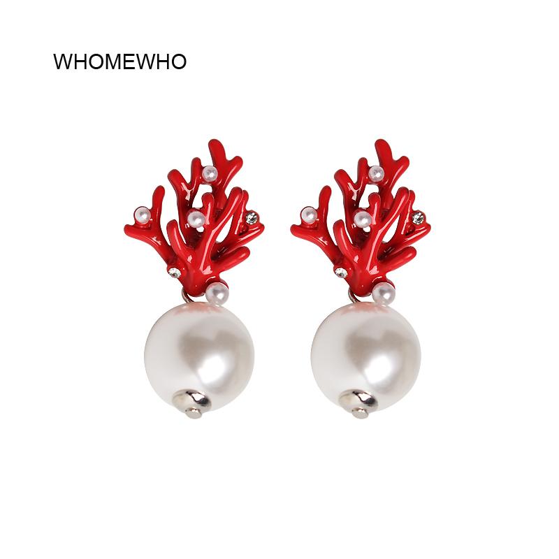 

WHOMEWHO Red Coral Deer Antler White Faux Pearl Stud Christmas Earrings Fashion Xmas Gift Jewelry Holiday Party Ear Accessories
