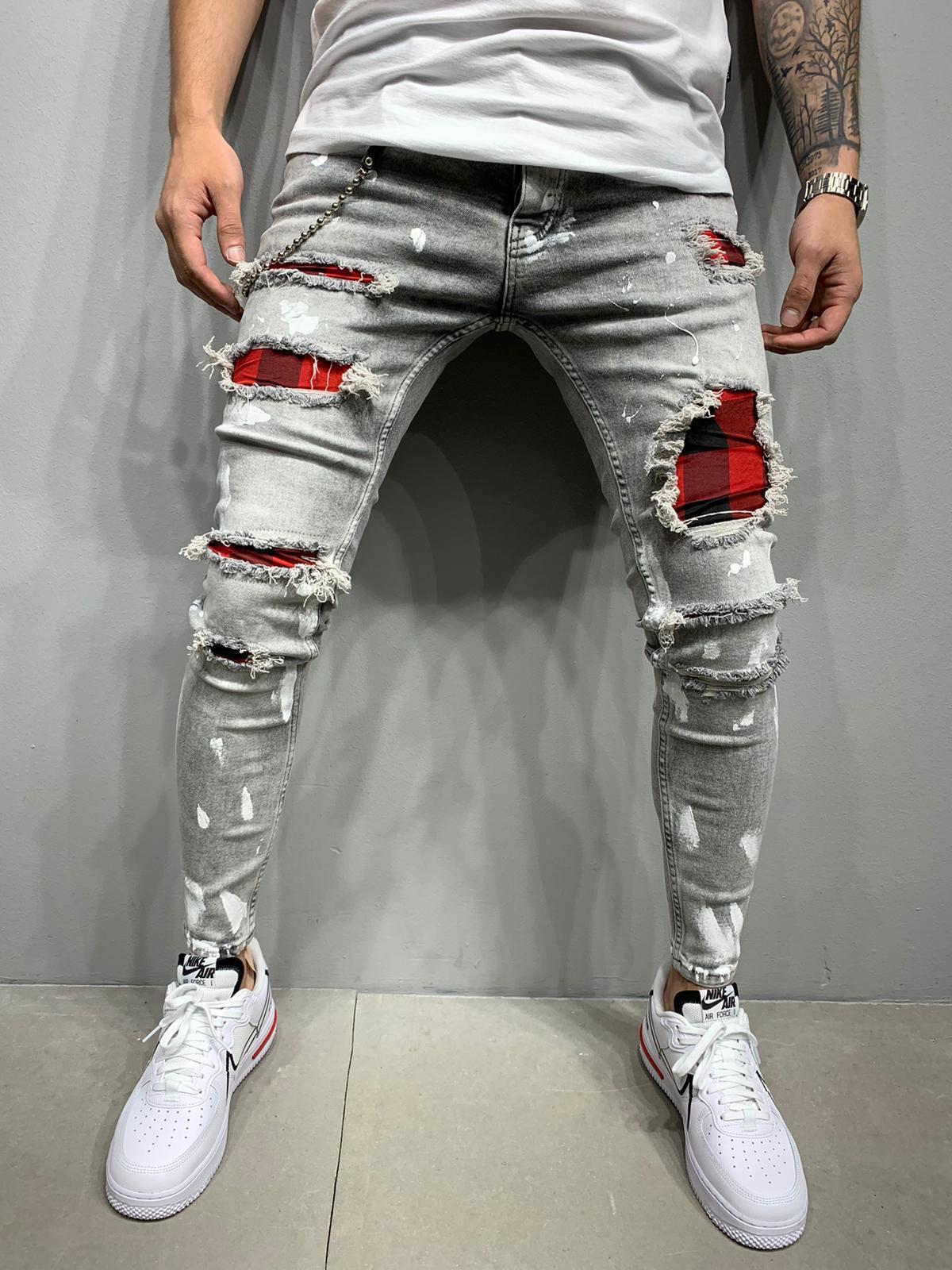 

Patches Detail Biker Fit Jeans Men Slim Fit Motorcycle For Mens Vintage Distressed Denim Jean Pants, Blue