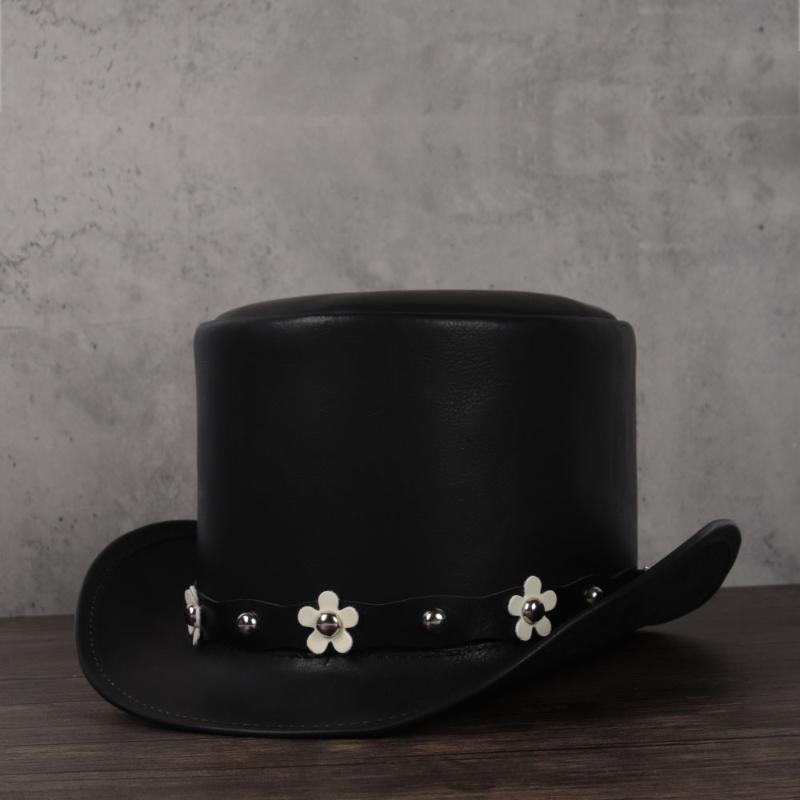 

Women Leather Top Hat Flat Flower Fedoras Hat Magician Steampunk Cosplay Party Cap 3Size 13CM, Black