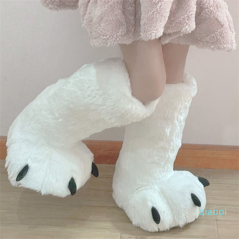 

Cute Plush Bear White Paw Long Tube Cotton Shoes Couple Indoor Winter Home Warm Cartoon Non-Slip Designer Furry Slippers 2022, White 2