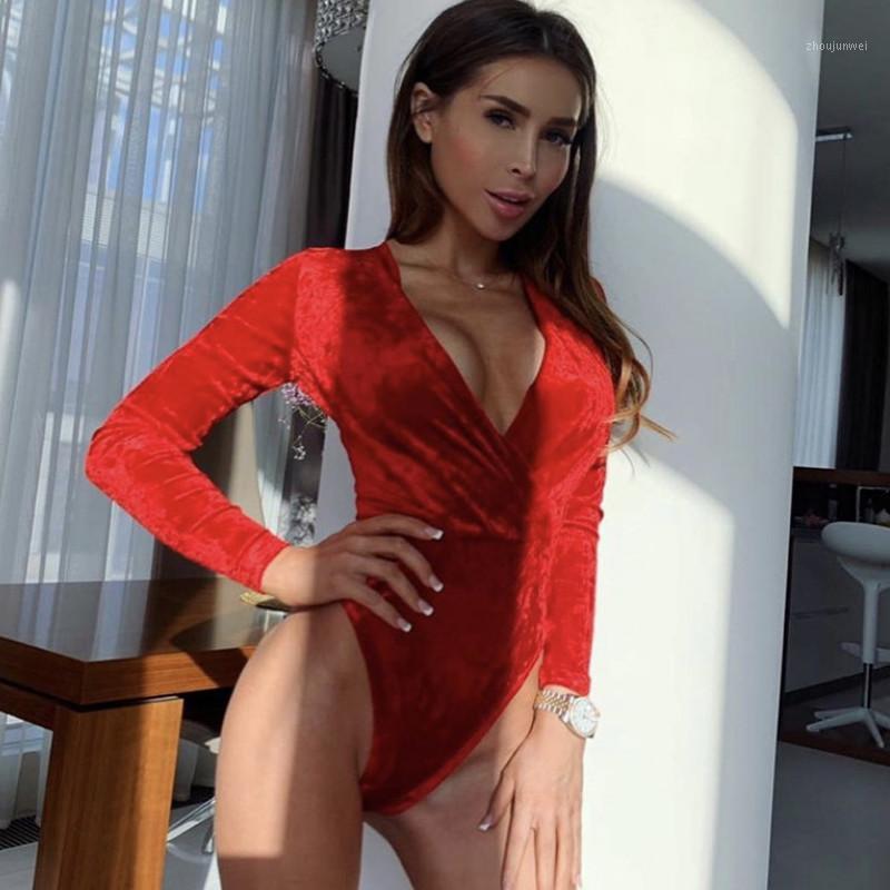 

Women Sexy Deep V Bodycon Bodysuit Top Ladies Long Sleeve Red Short Romper Slim Fit Leotard Female Casual Shiny Mujer Women' Jumpsuits & Ro, Khaki