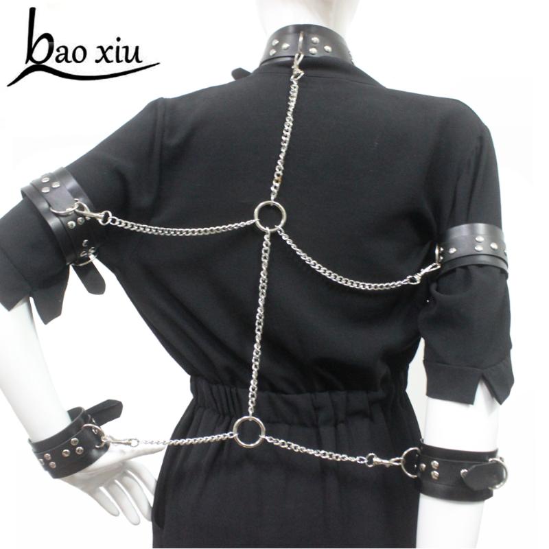 

Sexy High Quality Women Bondage Chain Necklace Adjustable Metal Buckle Leather Bracelet Collar Set Fetish Club Statement Choker