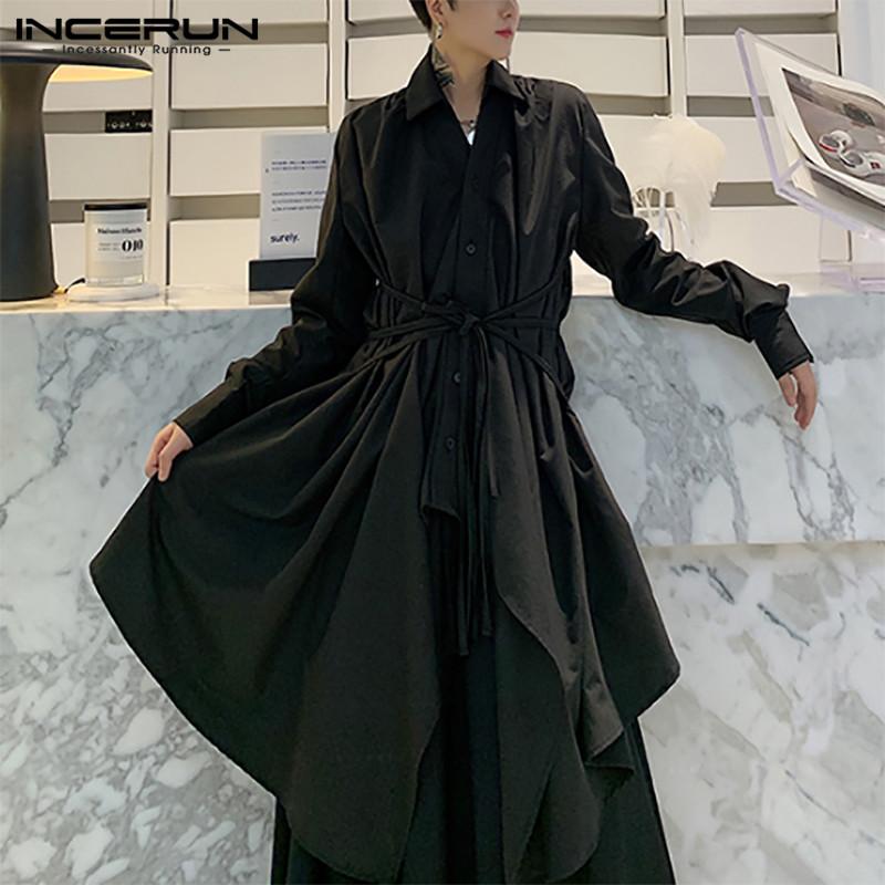 

Men Shirt Streetwear Long Sleeve Lapel Button Solid Color Lace Up Camisas Fashion Korean Casual Long Irregular Shirts INCERUN, Black