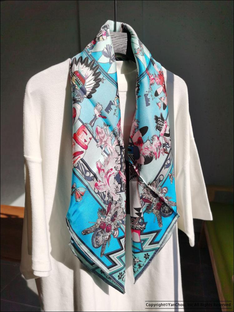 

Scarves 100%Mulberry Scarf Wrap Shawls Beautiful Everyday Wear "Kachinas Wash" 90 Silk Square Twill Print Hand-rolled, Blue;gray
