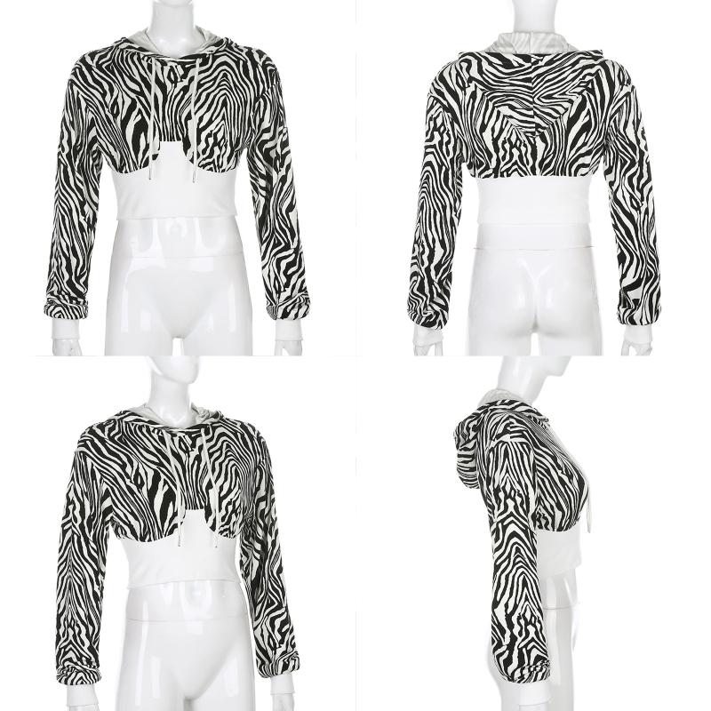 

Women Long Sleeve Elastic Waist Hoodies Zebra Stripes Print Cropped Sweatshirt