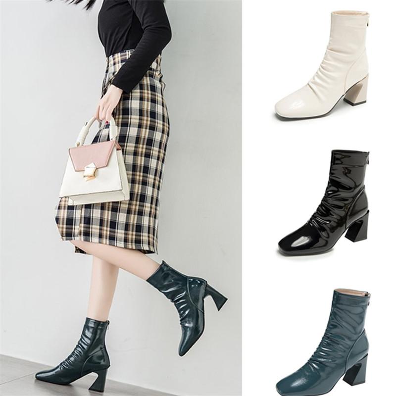 

Square-toe PU Leather Women's Short-tube Ankle Boots Warm Plus Velvet Lining Back Zipper Design Solid Color Fashion Ladies Boots, Beige