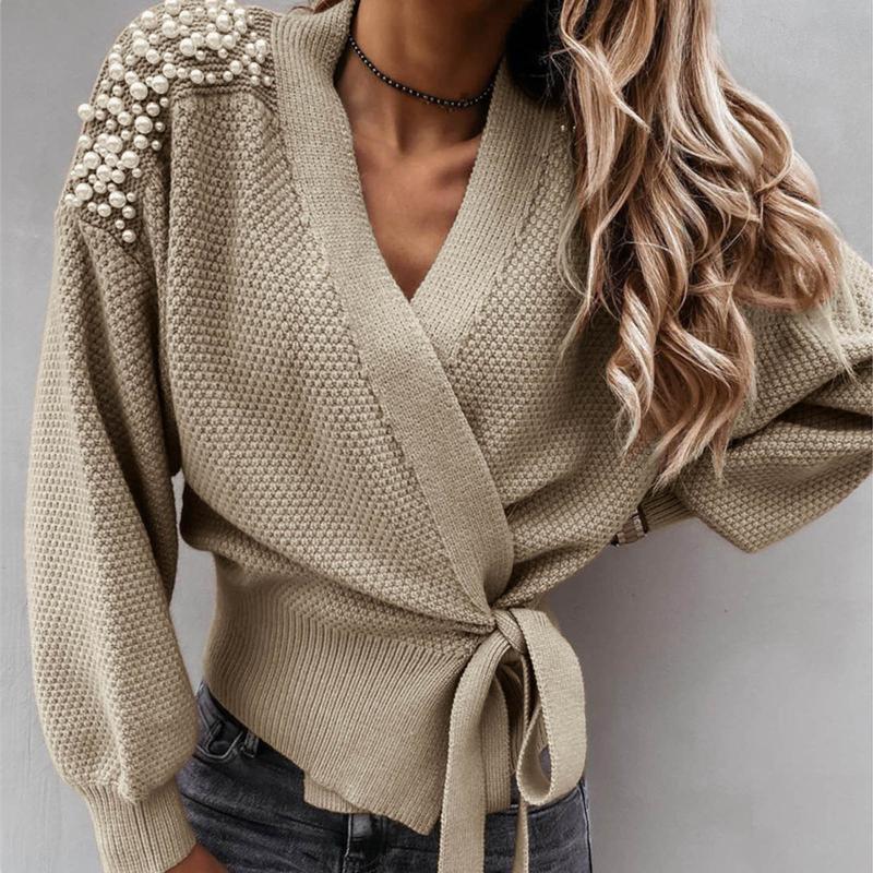 

Ladies Long Sleeve V-neck Bowknot Pearl Pure Color Waist Knit Cardigan Sweater Loose Lantern Sleeve Fashion Waist Tie Sweater, Khaki