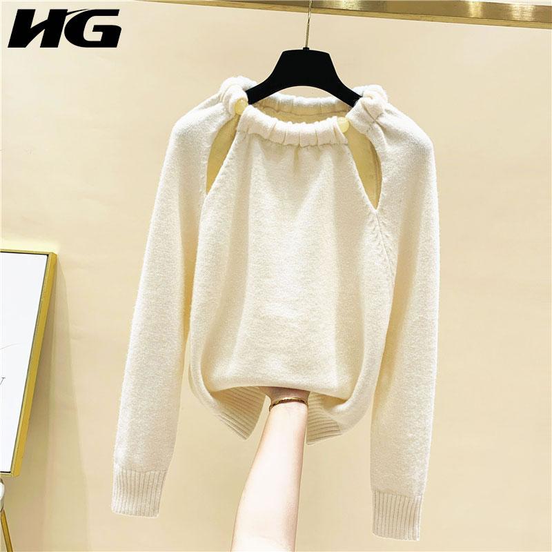 

HG Fashion Sexy Clavicle Exposed Sweater Solid Color Knitting Casual Women O-neck Collar Pullover Long Sleeve Loose ZY3241, Apricot zy3241