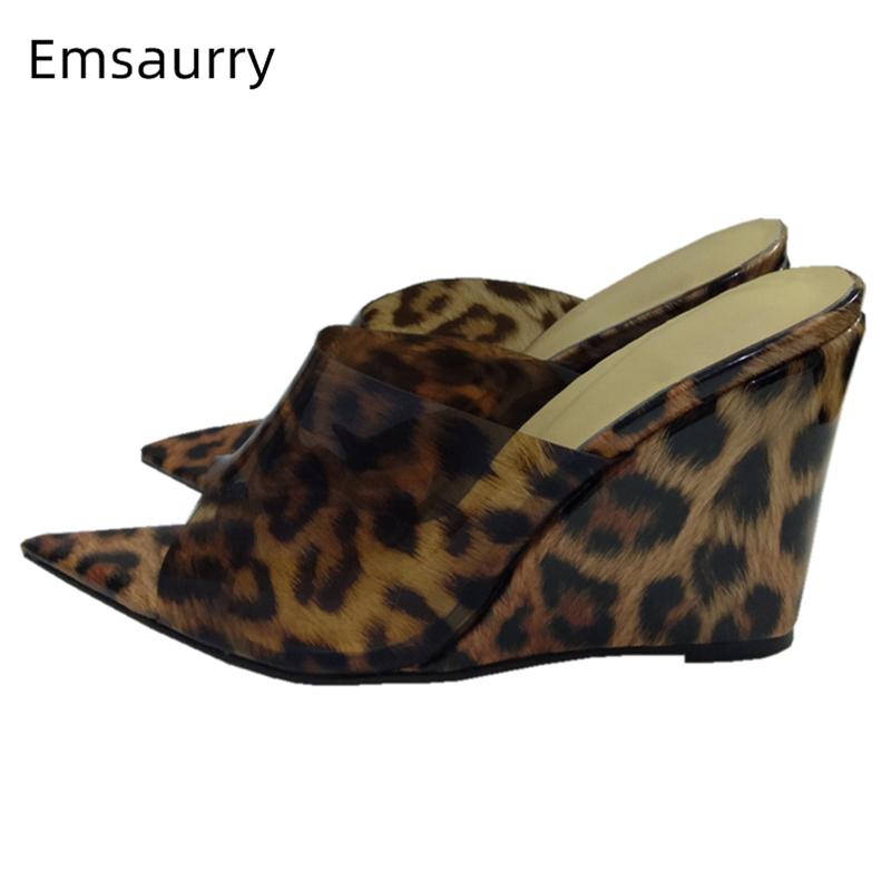 

Sexy Leopard PVC Sandals Women Summer High Wedges Pointed Toe Open Toe Mules 2021 Slingbacks Lazyman Shoes Woman
