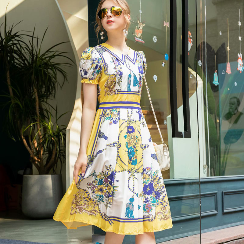 

Retro Strip Impression Flowers Elegant Temperament Plied Short Sleeve Women Spring/summer High Quality New Wkdt, Multiple