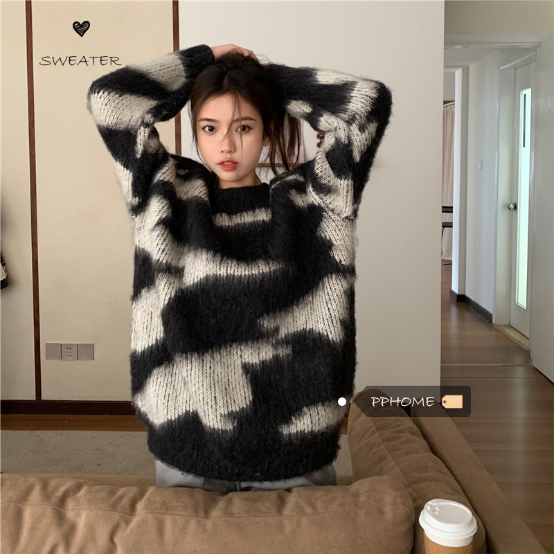 

2021 New Lazy Retro Black and White Girl Dyed Tie Teddy Shirt 6R8P