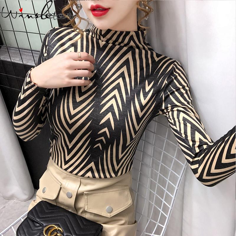 

Spring Fall European Clothes T-Shirt Women Fashion Sexy Turtleneck Print Shiner Tops Bottoming Shirt Girl Tees 2020 T0N406A, Short sleeve