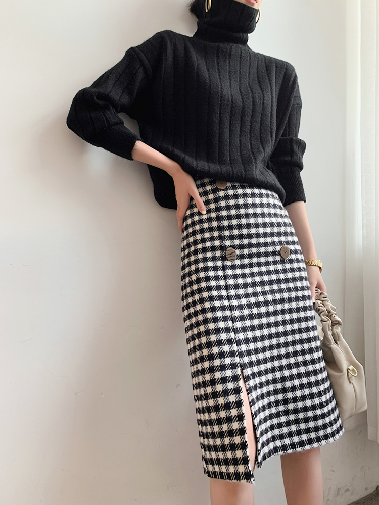 

2021 New the new houndstooth woolen Korean style temperament all-match thinner, one-step split A-line skirt E7SU, Coffee color