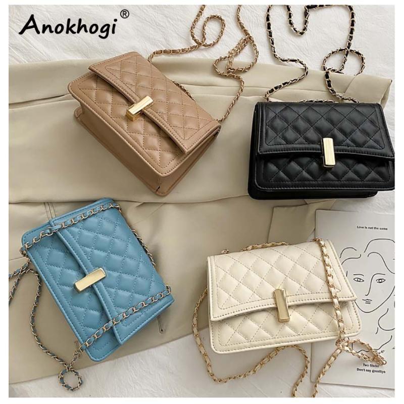 

Smooth Surface Classic Checkered Women Fashion Handbag Quality Leather Casual Chain Sling Bag Metal Lock Button Bag, Black