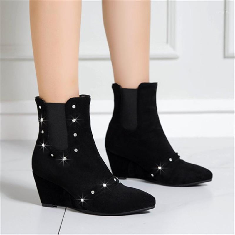 

New Arrival Rhinestone Wedge Shoes Women Ankle Boots Fashion Autumn Winter Shoes Woman Short Boots Suede Leather1, Beige