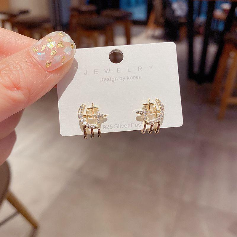 

Stud Delicate Korean Style Star Moon Earrings Gold Color Cubic Zirconia Fancy Women Jewelry