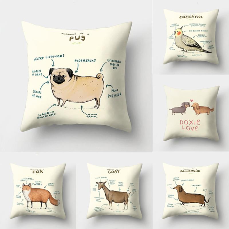 

Cartoon Cute Dog Pattern Print Pillow Case Soft Car Sofa Home Decoration Pillow Cushion Cover Little Bird Goat Pattern, As picture