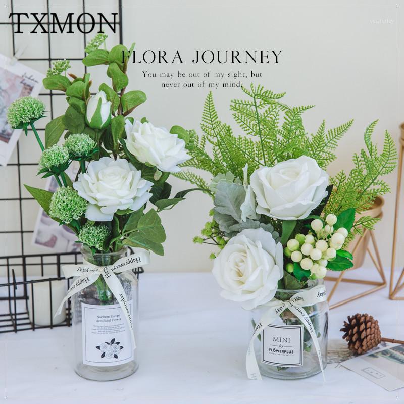 

Nordic small fresh suit (flower + vase)silk artificial flower home living room glass vase table decoration wedding fake flowers1, 04