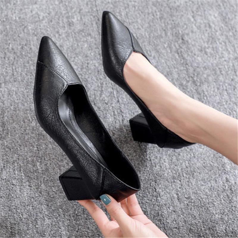 

Fashion Women Pu Leather Pumps Ladies Pointed Toe Mid Heels Female Hot Style Comfortable Commute High Quality Shoes Footwear New, Black