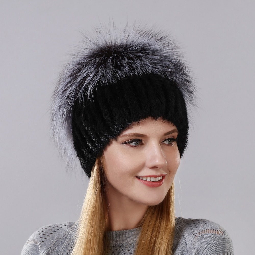 

Winter cap Rabbit Skin Flower With Hair of a Fox On Top New Natural Vison Style Imported Hats for Women The Hot Ear, 001