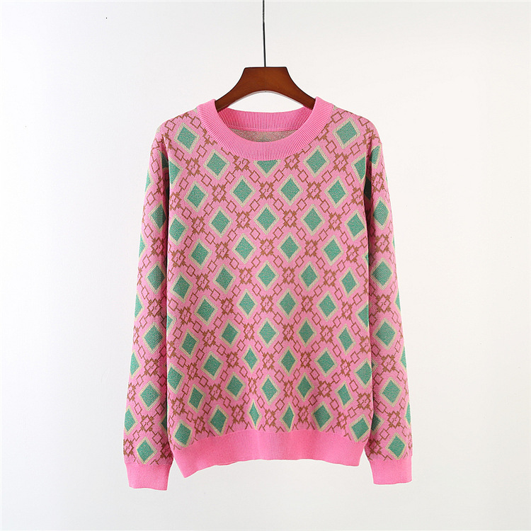 

2021 Vintage Sweet Multicolored Yarn Knit Sweater Women New Fashion o Neck Long Sleeve Ladies Pullovers Casual Pull Femme 3kwz, Pink