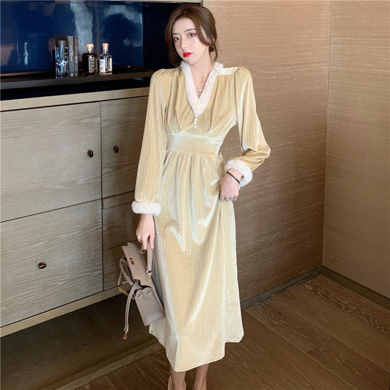 

Women 2021 Autumn Winter Long Sleeves Elegant V-Neck Slim Velvet Dresses Female Mid-Calf Chic Casual Dress Party Vestidos F29, Black