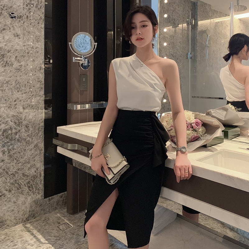 

2021 New Female party dress night sexy no diagonal back shoulder high shirt skirt suit parts 2NC1