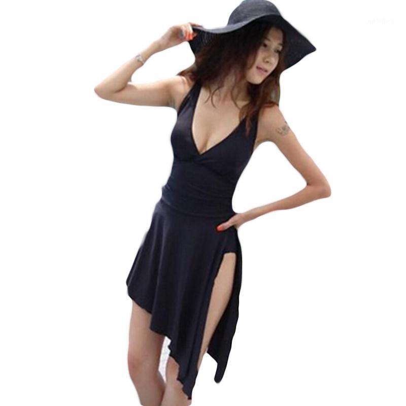 

Wholesale- Sexy Side Slit One Piece Bodysuits Women Cover Ups Swimsuit Monokini Swimwear Push Ups Padded Bra Bodysuits Trajes De BanoDA1731, Black
