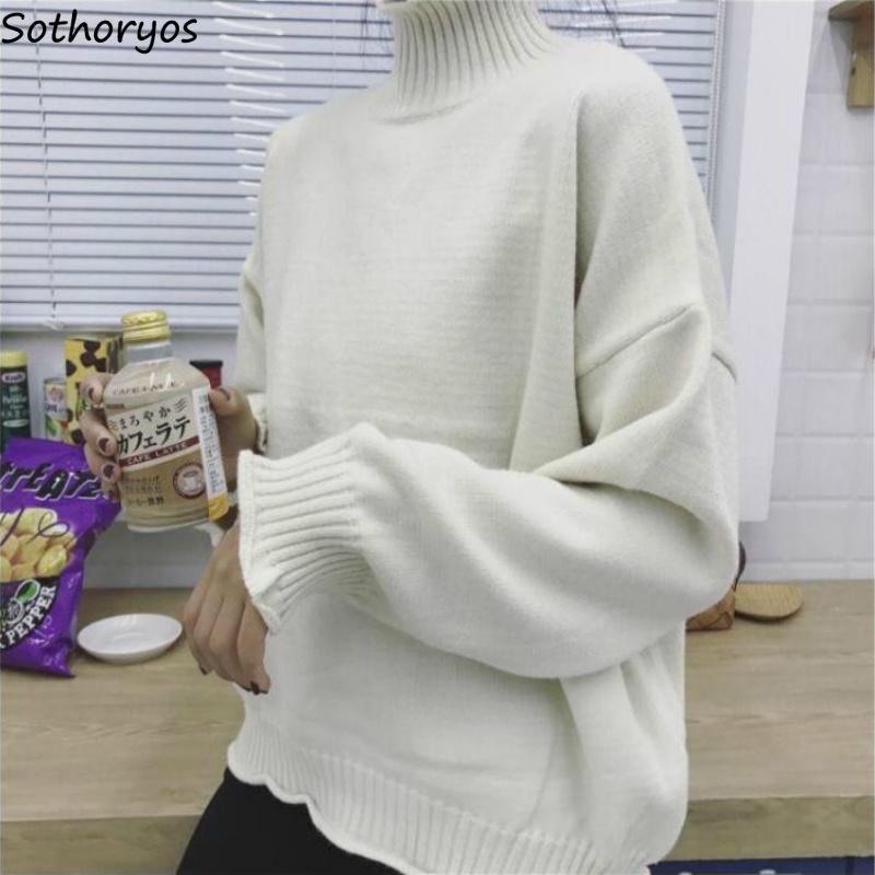 

Women Pullovers Sweater Solid Turtleneck Sweet Simple Design All-match Females Leisure Chic Trendy Loose Elegant Lovely Outwear, Black