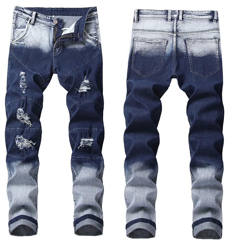 

Motorcycle jeans men loose slim fit destroyed torn ripped denim men jeans 2021 fashion hip hop patch retro knee, Blue