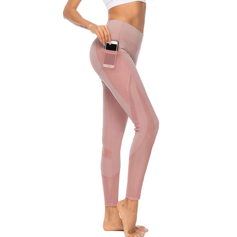 

High Waist Fitness Sport Leggings Mesh Solid Color Mobile Phone Pocket Yoga Pants Sports Fitness Mesh Stitching Leggings Women, Black