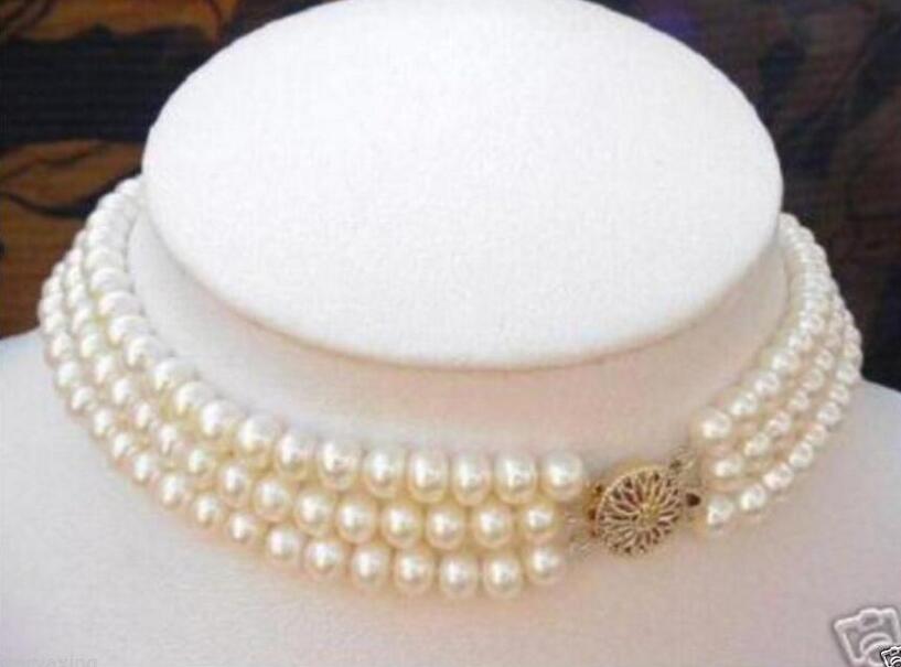 

3 ROWS 7-8MM White Akoya Cultured Pearl Choker Necklace, Silver