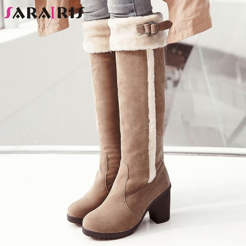 

SARAIRIS Big Size 34-43 Ladies Outdoor Winter Warm Fur Boots Knee High Boots Women Thick High Heels Buckle Plush Shoes Woman, Apricot