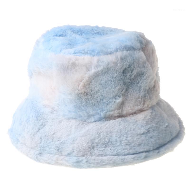 

Women Winter Rainbow Tie Dye Bucket Hat Fluffy Plush Thick Warm Fisherman Cap T8NB1
