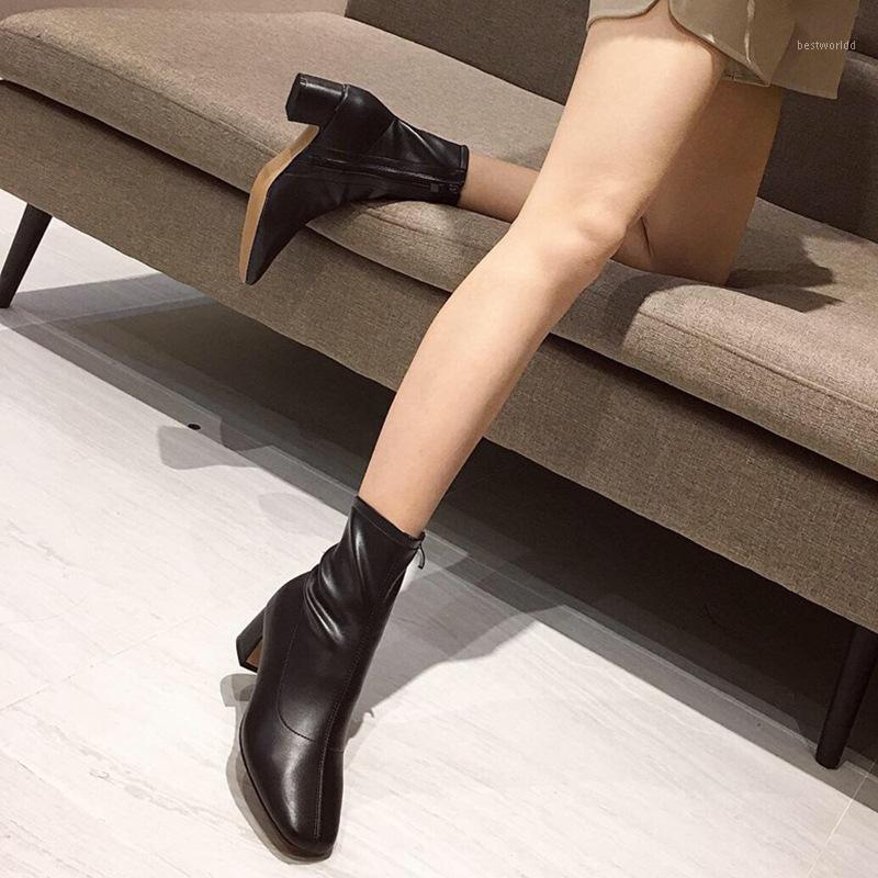 

Novelty Solid Fashion Sewing Mid Calf Boots for Women Square Toe Autumn Boots Med Square Heel Winter Ladies Shoes Zip Rubber1, Black