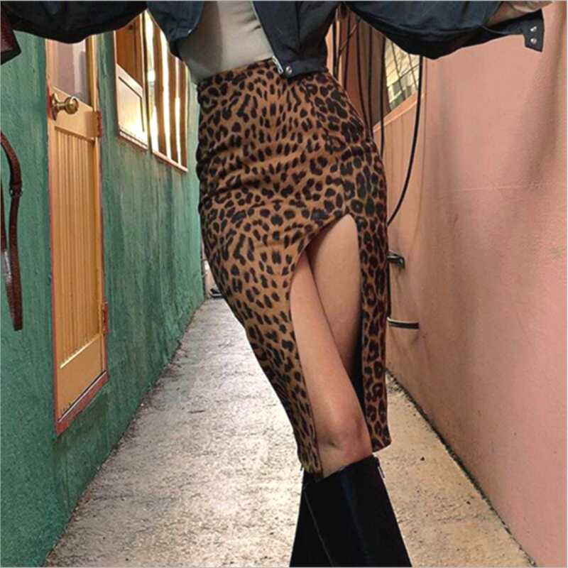 

Missnight Leopard Print Midi Skirt Split Knee-length Skirts Womens 2020 High Waist Bodycon Woman Skirt Streetwear, Brown