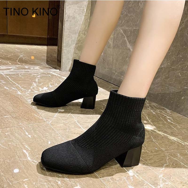 

2021 New Women Socks High Heels Stretch Fabric Ladies Short Square Ankle Boots Slip on Comfortable Fashion Shoes Ya3i, Yellow