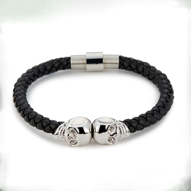 

BC Jewelry Selling Fashion Mens chains Genuine Leather Braided Northskull Bracelets Double Skull Bangle BC-002